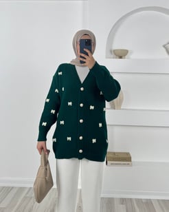 490 fiyonk nakışlı triko hırka-yeşil