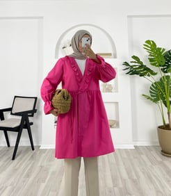 4952 - terikoton kumaş fırfırlı kimona gömlek - fuşya 