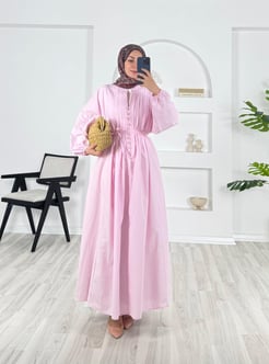 6068-poplin kumaş-önü nervüllü biyeli elbise-pudra 