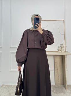 5837-soft poplin kumaş balon kol gömlek-acı kahve 