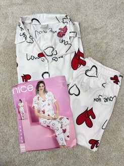 ç5284-milan kumaş gömlek yaka love pijama takımı-beyaz