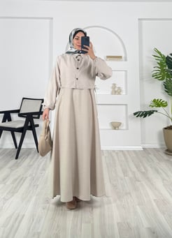 79831 - keten kumaş yelekli elbise - taş
