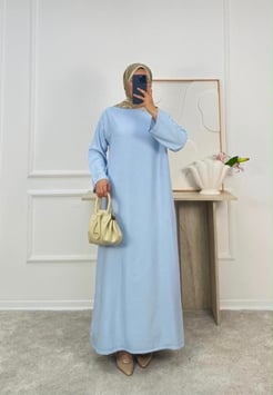 0183-tencel kumaş kuşaklı düz elbise-bebe mavi