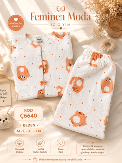 ç6640-bürümcük kumaş gömlek yaka kısa kollu pijama takımı-beyaz
