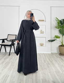 8693 - düz kesim kuşaklı dokuma cupra kumaş elbise - füme 