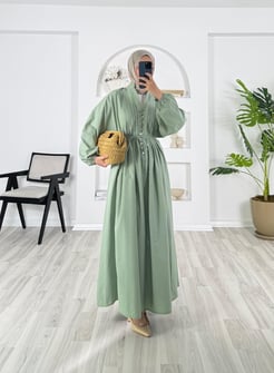 6068-poplin kumaş-önü nervüllü biyeli elbise-su yeşili