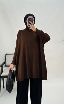 9321-önü çizgi detaylı triko tunik-acı kahve