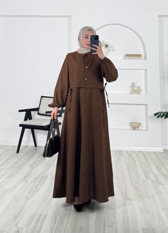 79831 - keten kumaş yelekli elbise - acı kahve 