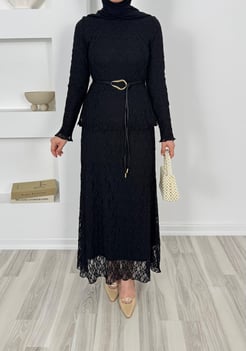1859-dantel işlemeli kemerli etekli takım-siyah