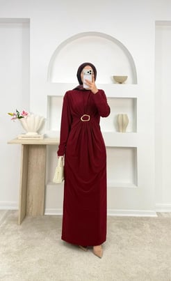 1342-sandy kumaş önü tokalı elbise-bordo 