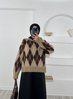 2643 - baklava desen etek üstü triko -kahverengi