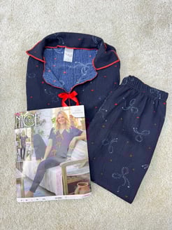 ç6381-bürümcük kumaş fiyonklu pijama takımı-siyah