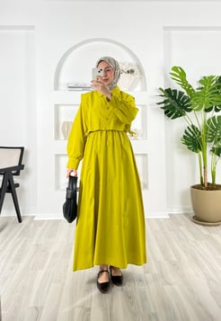 8755-terikoton kumaş-beli lastikli gömlekli elbise-yağ yeşili