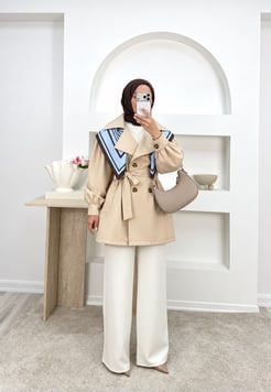 8459-bondit kumaş kuşaklı trençkot-taş