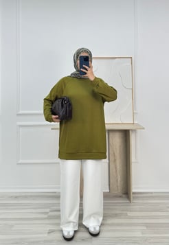5236-oysho kumaş-balıkçı yaka düz model tunik-yağ yeşili