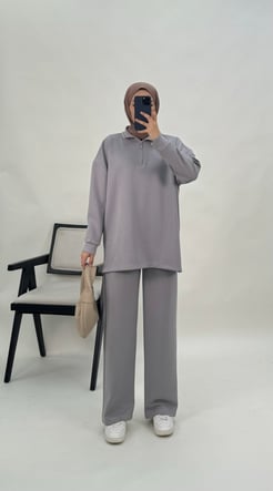 3256-oysho kumaş-fermuarlı takım-açık gri