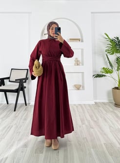 5414-terikoton kumaş-önden bağlamalı elbise-bordo