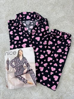 ç6039-süet kumaş gömlek yaka pijama takımı-siyah