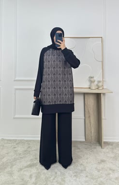 1866-sukuba kumaş etnik desen pantolonlu takım-siyah