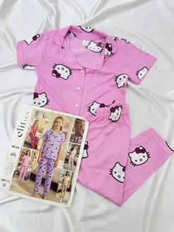 ç9215-milan kumaş gömlek yaka hello kity kız çocuk takım-pembe