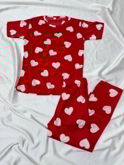ç73012 - milan kumaş kısa kollu beyaz kalpli çoçuk pijama takımı - kırmızı 