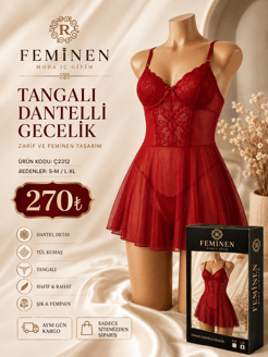 ç2312-tangalı dantelli gecelik-kırmızı 
