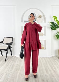 1705-modal kumaş-etek kısmı fırfırlı pantolonlu takım-bordo