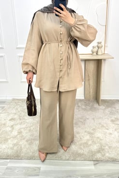 1640-müslin kumaş önü düğmeli pantolonlu takım-taş