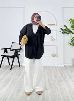 7934 - poplin kumaş önden baglamalı gömlek - siyah