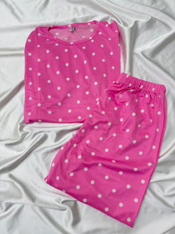 ç571 - milan kumaş kısa kollu puantiyeli pijama takımı - pembe