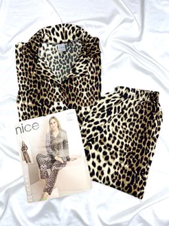 ç5822- lizbon milan kumaş gömlek yaka pijama takımı-leopar