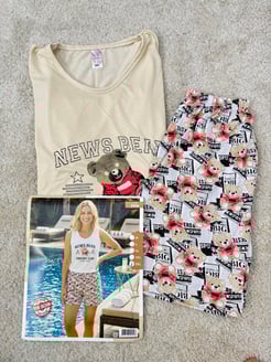 ç3106-sıfır kol şortlu ayıcıklı pijama takımı-beyaz