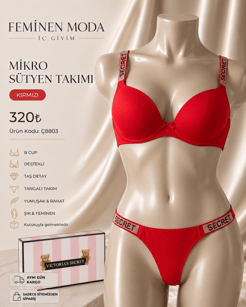 ç8803-destekli askıları taş sütyen takımı-kırmızı(kutulu ürün)