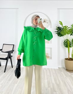 6257-keten kumaş-önü kurdele detaylı bebe yaka gömlek-benetton yeşili