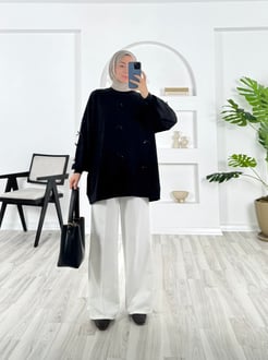 6325-oysho kumaş-fiyonk detaylı tunik-siyah