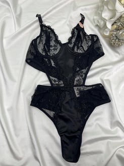 ç82301 - saten dantelli bodysuit - siyah