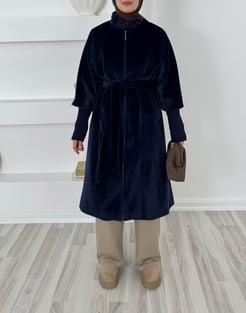 70040 fox kumaş astarlı kuşaklı kaban-lacivert