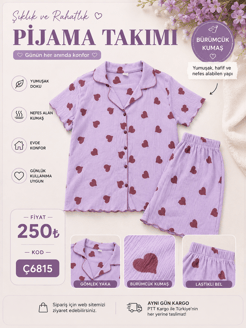 ç6815-bürümcük kumaş şortlu kısa kollu pijama takımı-lila