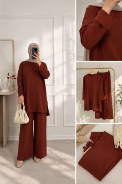 2126-ayrobin kumaş-düz model ikili takım- kahverengi 