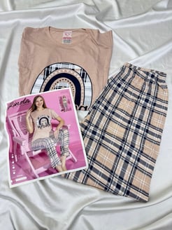 ç2015 - kısa kollu kareli pijama takımı - somon  
