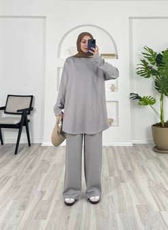 7310 - oysho kumaş bol paça pantolonlu takım - gri