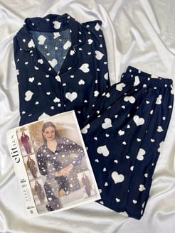 Ç8554 - süet kumaş gömlek yaka kalpli pijama takımı - siyah