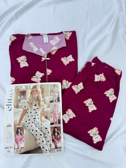 ç8658-raporlu kaşkorse kısa kol ayıcıklı pijama takımı-bordo