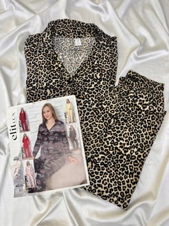 Ç8553 - süet kumaş gömlek yaka pijama takımı -leopar