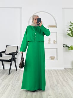 4361 - keten kumaş yelekli elbise - benetton yeşili 