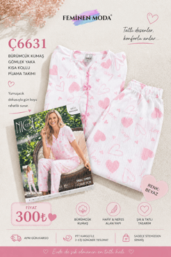 ç6631-bürümcük kumaş gömlek yaka kısa kollu pijama takımı-beyaz