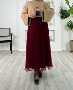 3885-misineli kumaş-tül iç astarlı altı volan etek-bordo