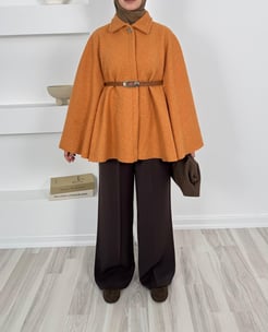 8517 buklet kumaş kemerli panço-turuncu