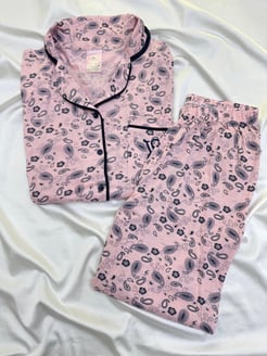 ç5463 - viskon kumaş gömlek yaka pijama takımı-pembe 