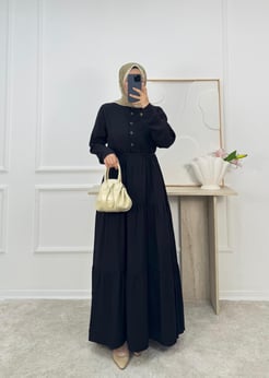 3316-çilek kumaş önü dügmeli baglamalı elbise-siyah